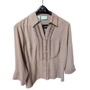 Kathy Che Blouse Women's XL Brown Button Up 3/4 Sleeve Peplum Top w/Front Ruffle